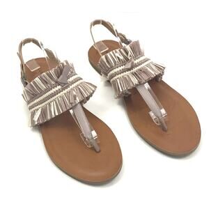 NWOT Lucky Brand Akerlei Raffia Fringe Flat Sandals Size 8.5 Mauve Pink